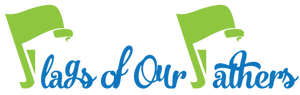 Logo with green flags and blue text on a white background